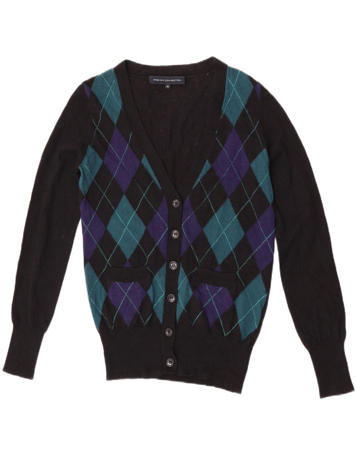 French Connection Womens Cardigan Sweater UK 14 Medium Black Argyle/Diamond