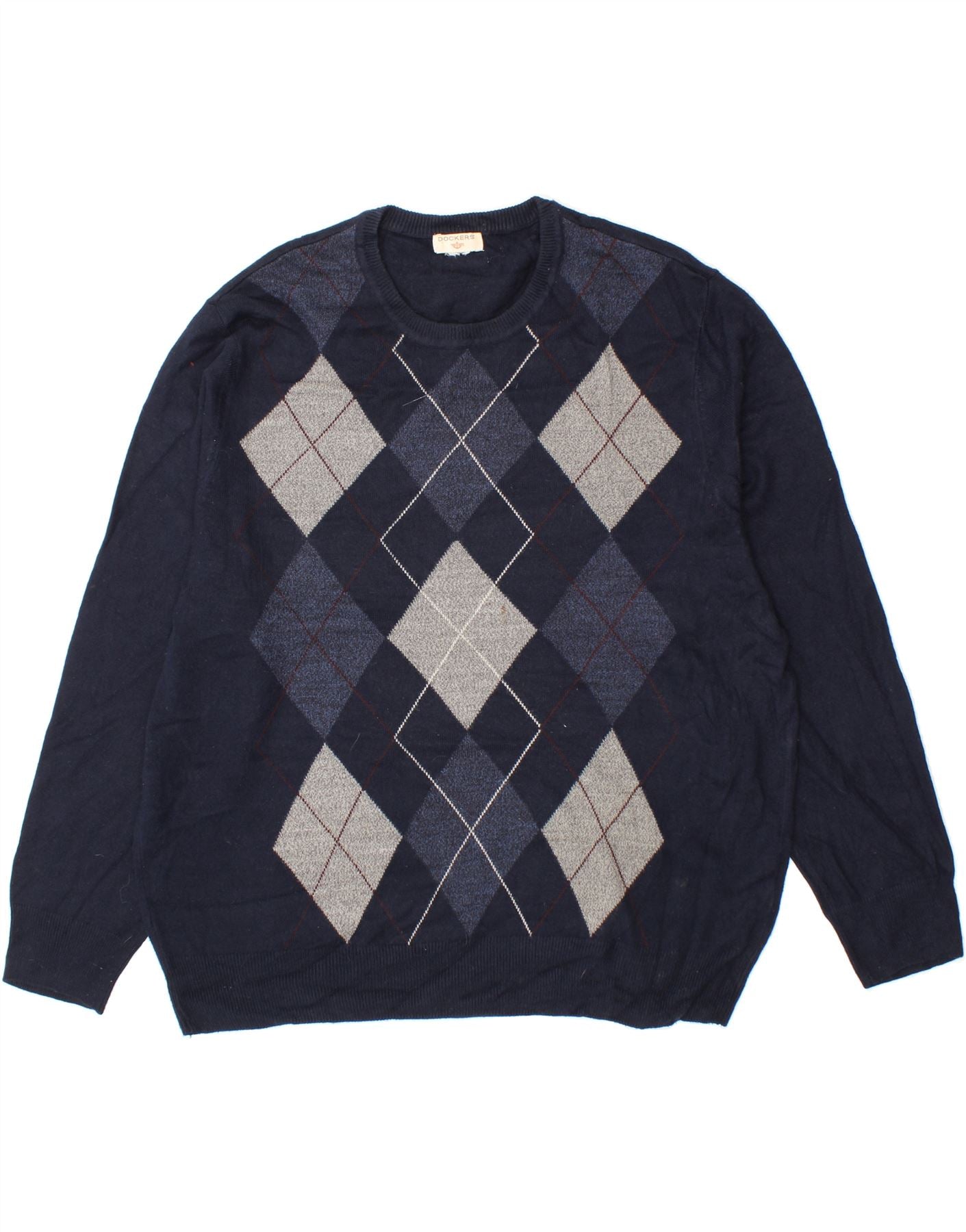 DOCKERS Mens Crew Neck Jumper Sweater 2XL Navy Blue Argyle/Diamond