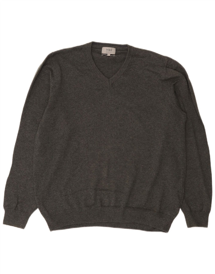 Marks & Spencer Mens V-Neck Jumper Sweater Large Grey Cotton