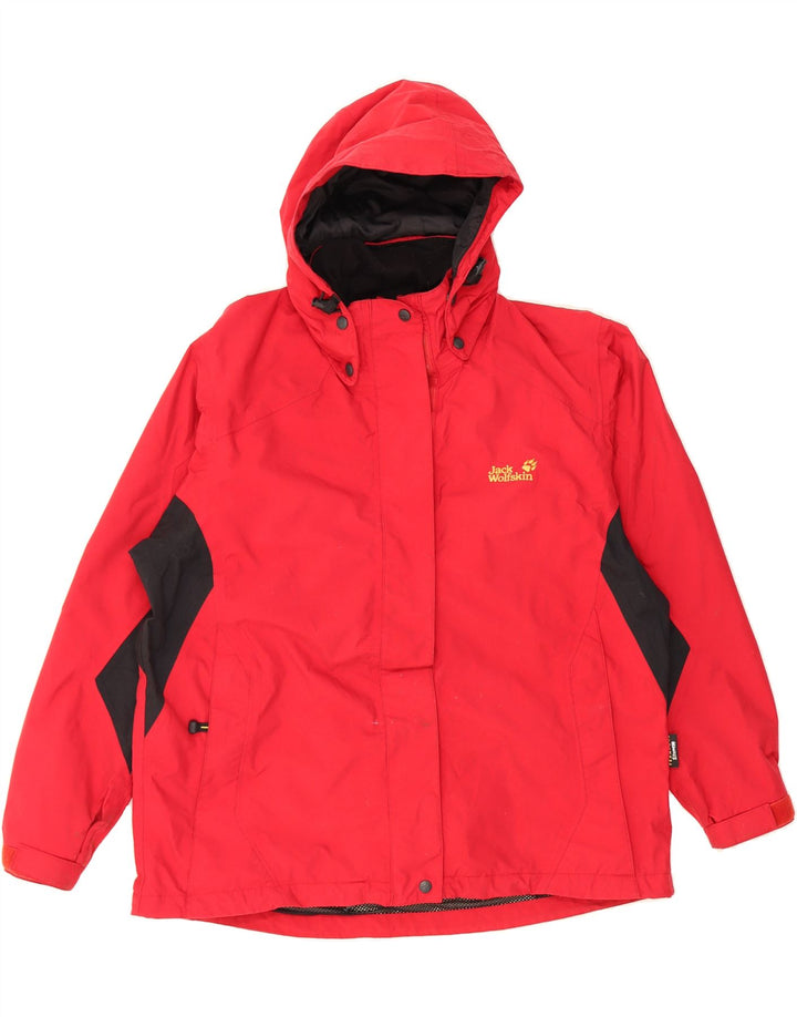JACK WOLFSKIN Womens Hooded Rain Jacket UK 18 XL Red Colourblock Polyamide Vintage Jack Wolfskin and Second-Hand Jack Wolfskin from Messina Hembry 