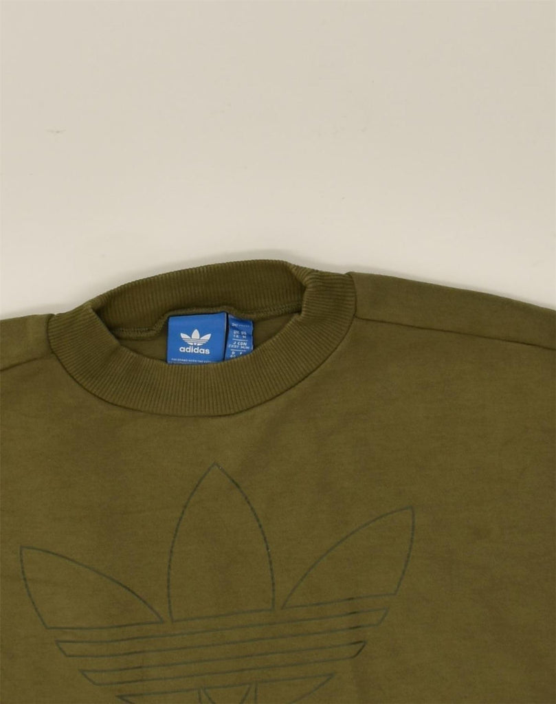 ADIDAS Womens Graphic Crop Sweatshirt Jumper UK 14 Medium Khaki Cotton | Vintage Adidas | Thrift | Second-Hand Adidas | Used Clothing | Messina Hembry 