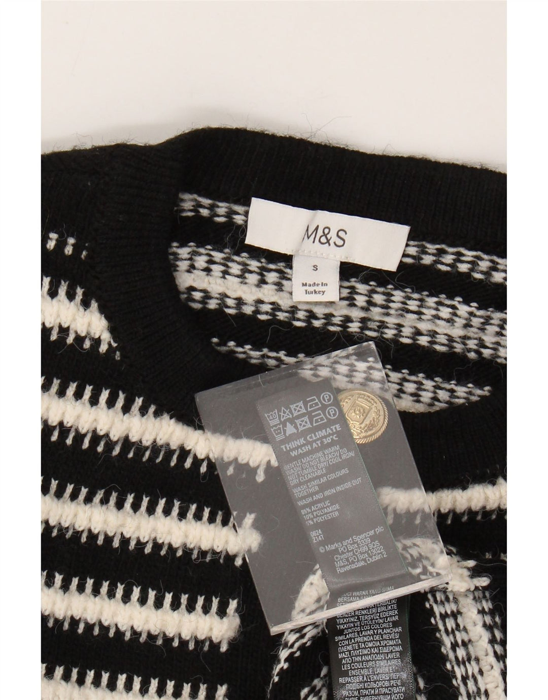 MARKS & SPENCER Womens Cardigan Sweater UK 10 Small Black Striped Acrylic