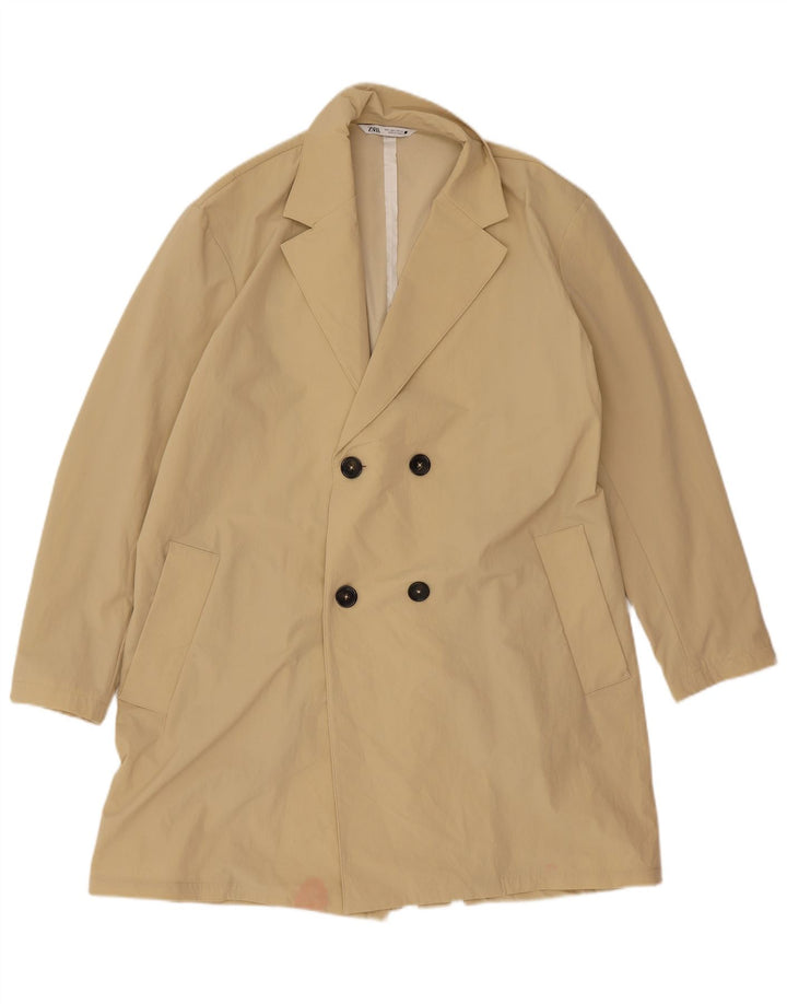Zara Mens Double Breasted Coat UK 40 Large Beige Polyamide