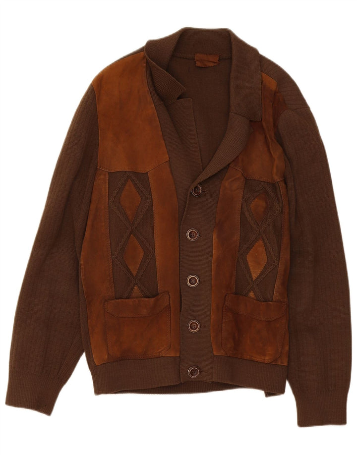 Vintage Mens Cardigan Sweater Medium Brown Colourblock