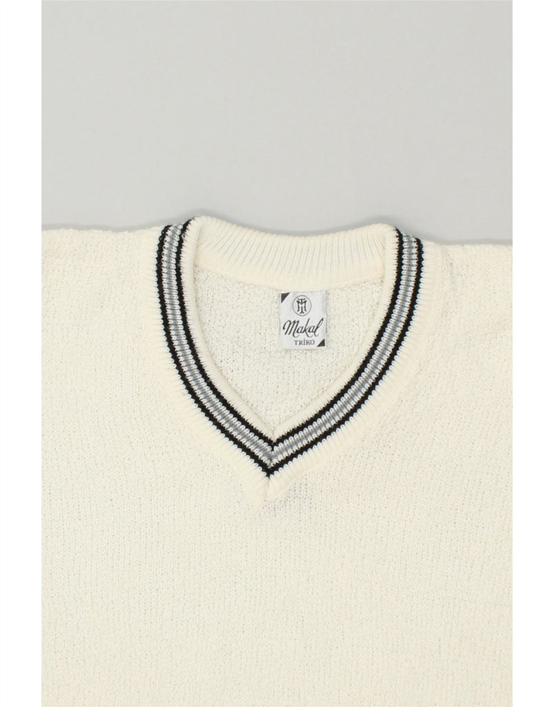 VINTAGE Mens V-Neck Jumper Sweater Large White | Vintage Vintage | Thrift | Second-Hand Vintage | Used Clothing | Messina Hembry 