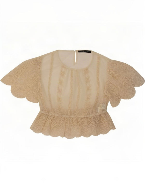 Zara Womens Crop Lace Blouse Top UK 16 Large Beige Floral Polyester