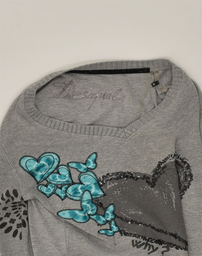 DESIGUAL Womens Graphic V-Neck Jumper Sweater UK 12 Medium Grey Geometric | Vintage Desigual | Thrift | Second-Hand Desigual | Used Clothing | Messina Hembry 