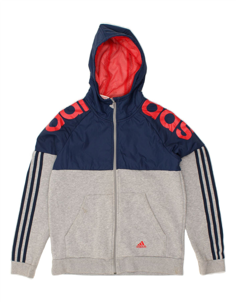 ADIDAS Boys Graphic Zip Hoodie Sweater 13-14 Years Grey Colourblock Cotton | Vintage Adidas | Thrift | Second-Hand Adidas | Used Clothing | Messina Hembry 