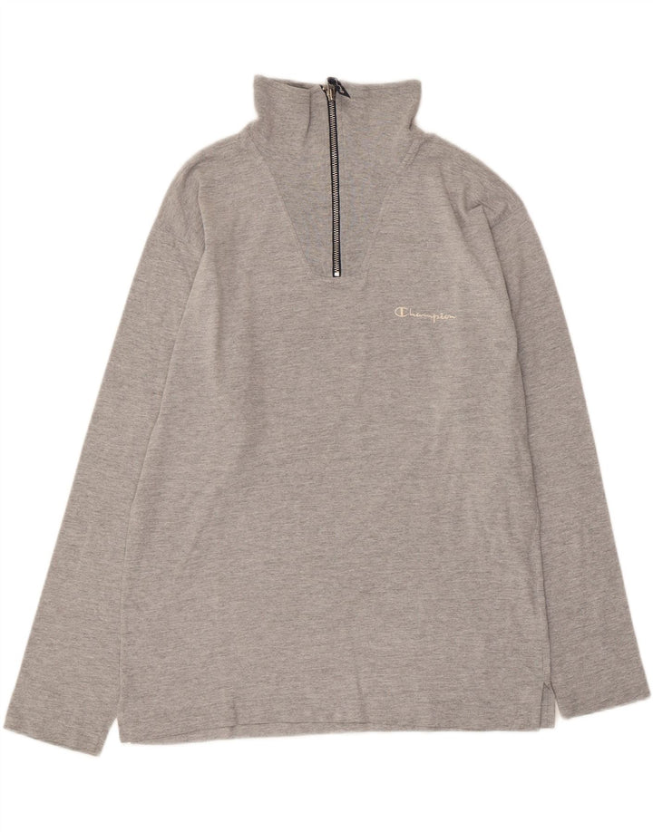 Champion Mens Zip Neck Top Long Sleeve Small Grey Cotton