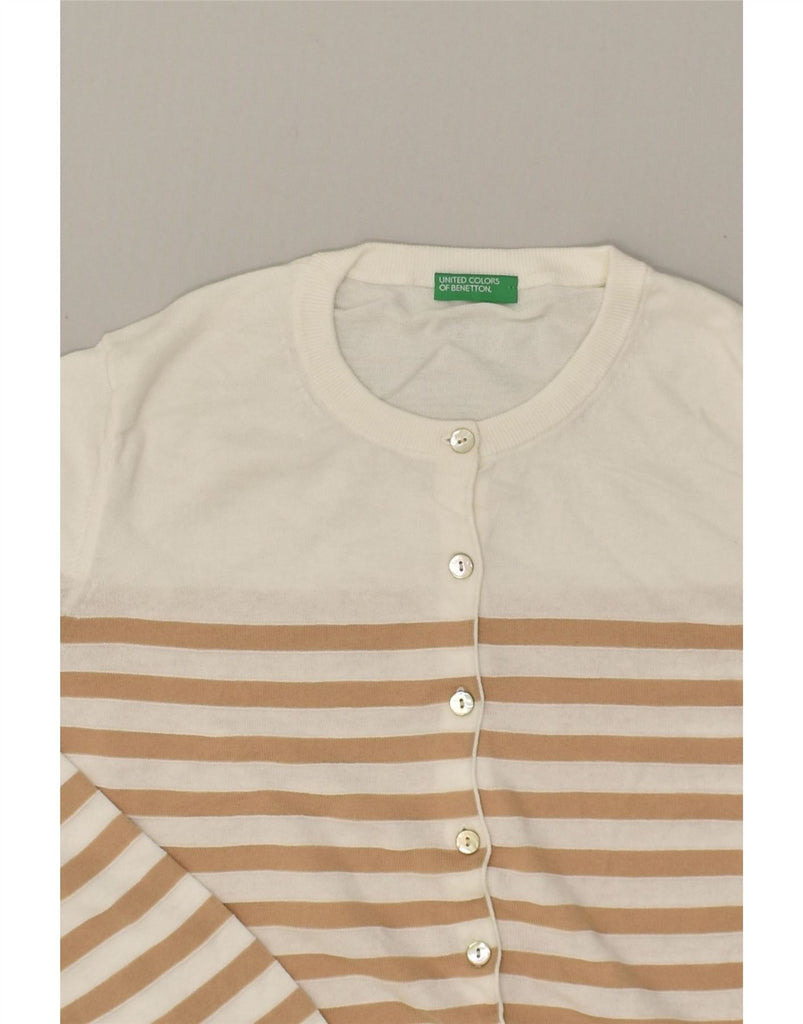 BENETTON Womens Cardigan Sweater UK 4 XS White Striped Cotton Vintage Benetton and Second-Hand Benetton from Messina Hembry 