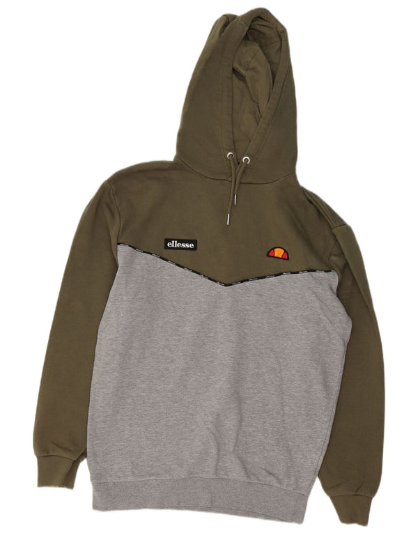 ELLESSE Mens Graphic Hoodie Jumper Small Khaki Colourblock Cotton