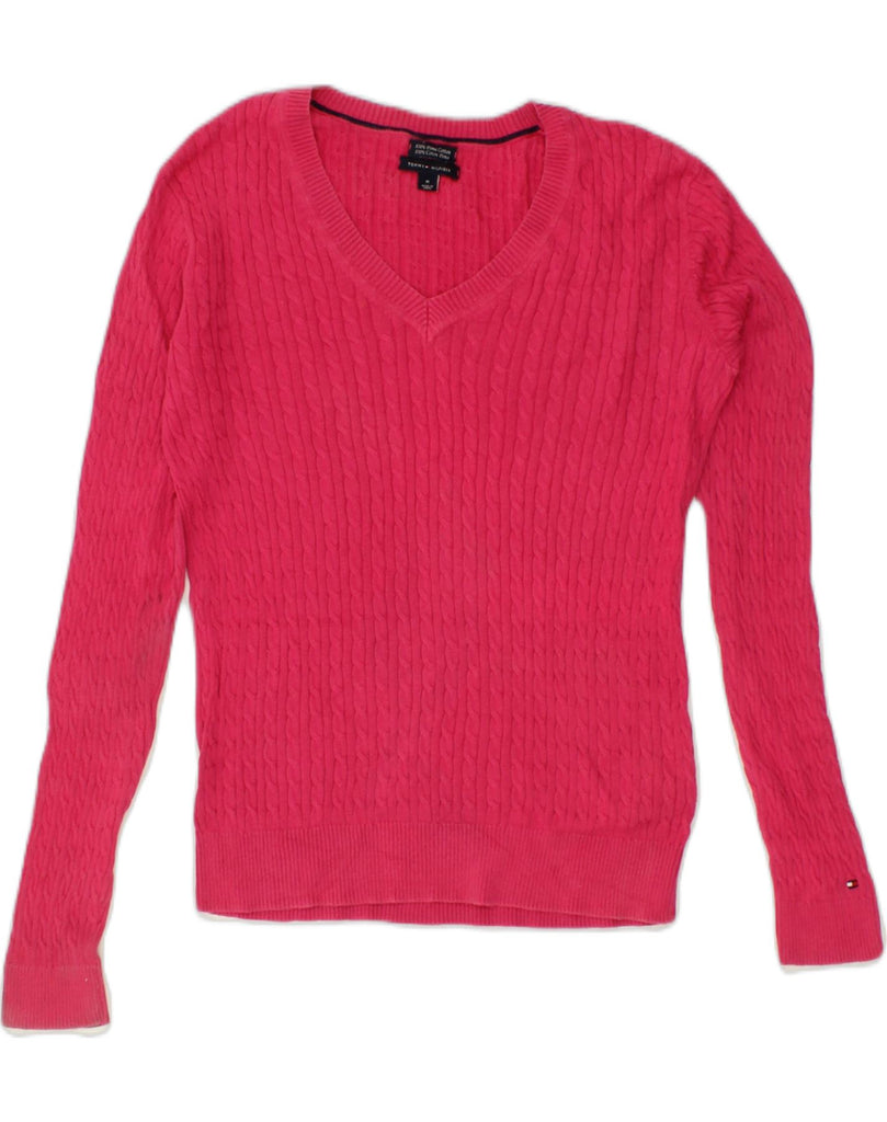 TOMMY HILFIGER Womens V-Neck Jumper Sweater UK 12 Medium Pink Cotton | Vintage Tommy Hilfiger | Thrift | Second-Hand Tommy Hilfiger | Used Clothing | Messina Hembry 