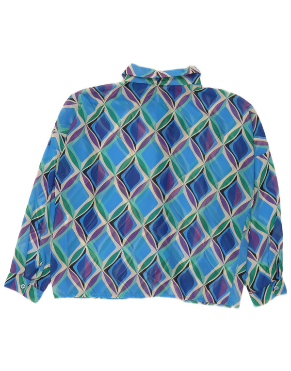 Vintage Womens 3/4 Sleeve Shirt Blouse UK 16 Large Blue Geometric Polyester