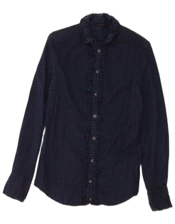 Gas Womens Ruffle Front Shirt UK 2 2XS Navy Blue Spotted Cotton