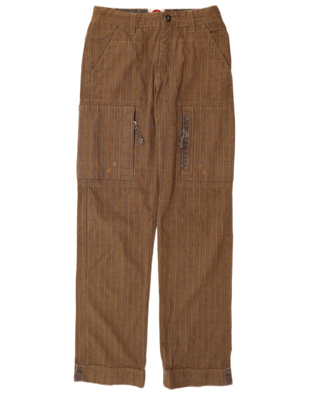 Murphy & Nye Mens Straight Cargo Trousers W29 L33 Brown Check Cotton