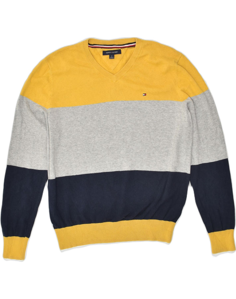 TOMMY HILFIGER Mens V-Neck Jumper Sweater Medium Yellow Striped Cotton | Vintage Tommy Hilfiger | Thrift | Second-Hand Tommy Hilfiger | Used Clothing | Messina Hembry 