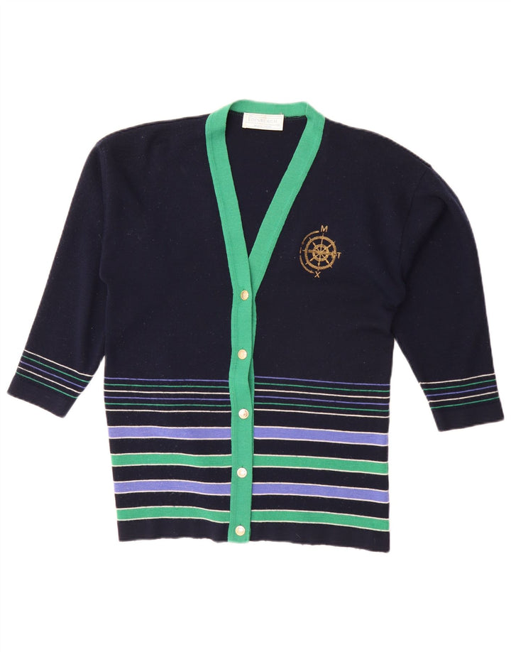 Edinburgh Womens Cardigan Sweater UK 16 Large Navy Blue Striped Wool