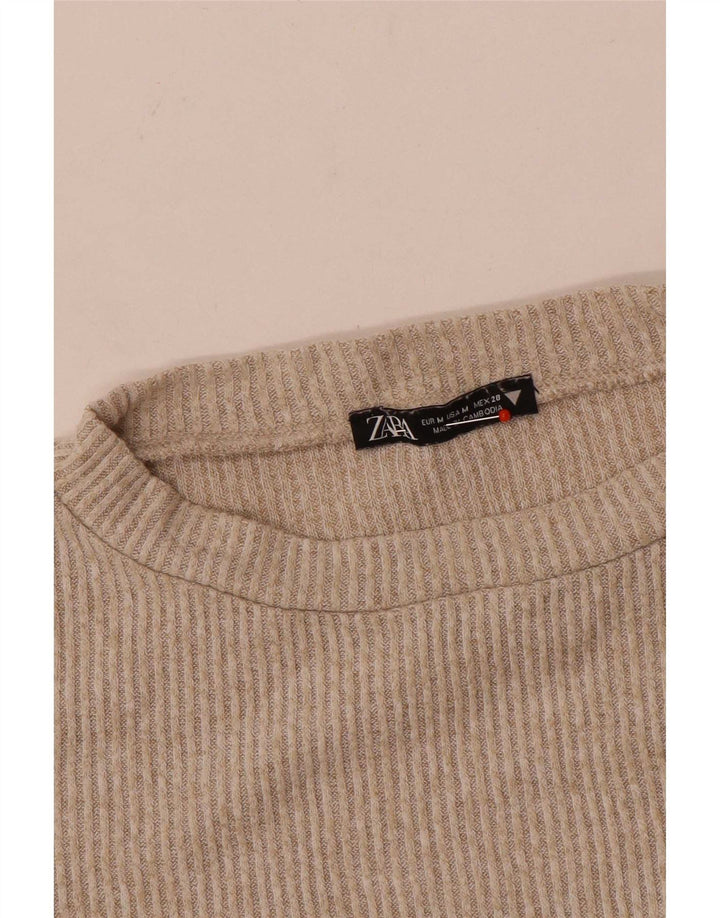 Zara Womens Crop Top Long Sleeve UK 12 Medium Beige