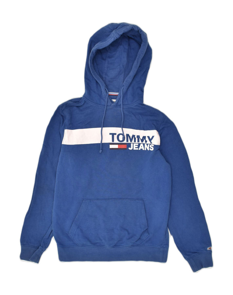 TOMMY HILFIGER Mens Graphic Hoodie Jumper Small Blue Colourblock Cotton | Vintage Tommy Hilfiger | Thrift | Second-Hand Tommy Hilfiger | Used Clothing | Messina Hembry 