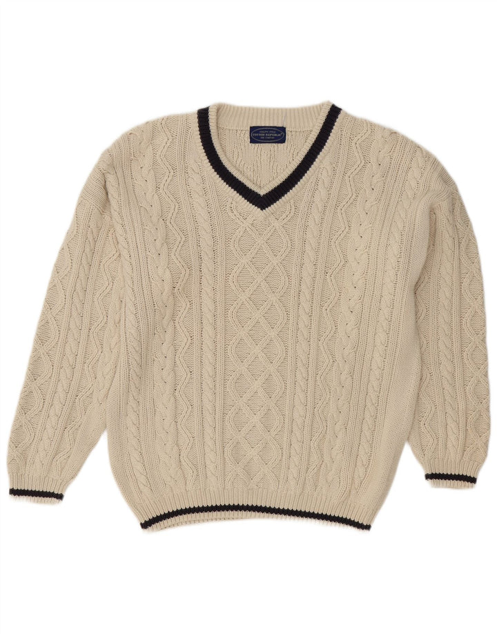 Cotton Republic Mens V-Neck Jumper Sweater Medium Off White Cotton