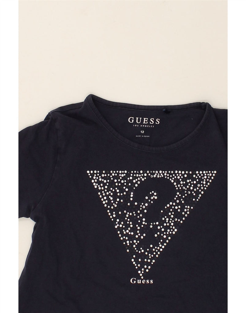 GUESS Girls Graphic T-Shirt Top 11-12 Years Navy Blue Cotton | Vintage Guess | Thrift | Second-Hand Guess | Used Clothing | Messina Hembry 