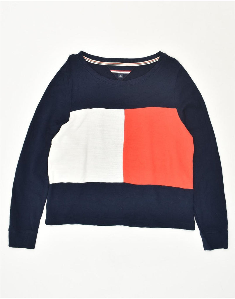 TOMMY HILFIGER Womens Sweatshirt Jumper UK 14 Medium Navy Blue Colourblock | Vintage Tommy Hilfiger | Thrift | Second-Hand Tommy Hilfiger | Used Clothing | Messina Hembry 