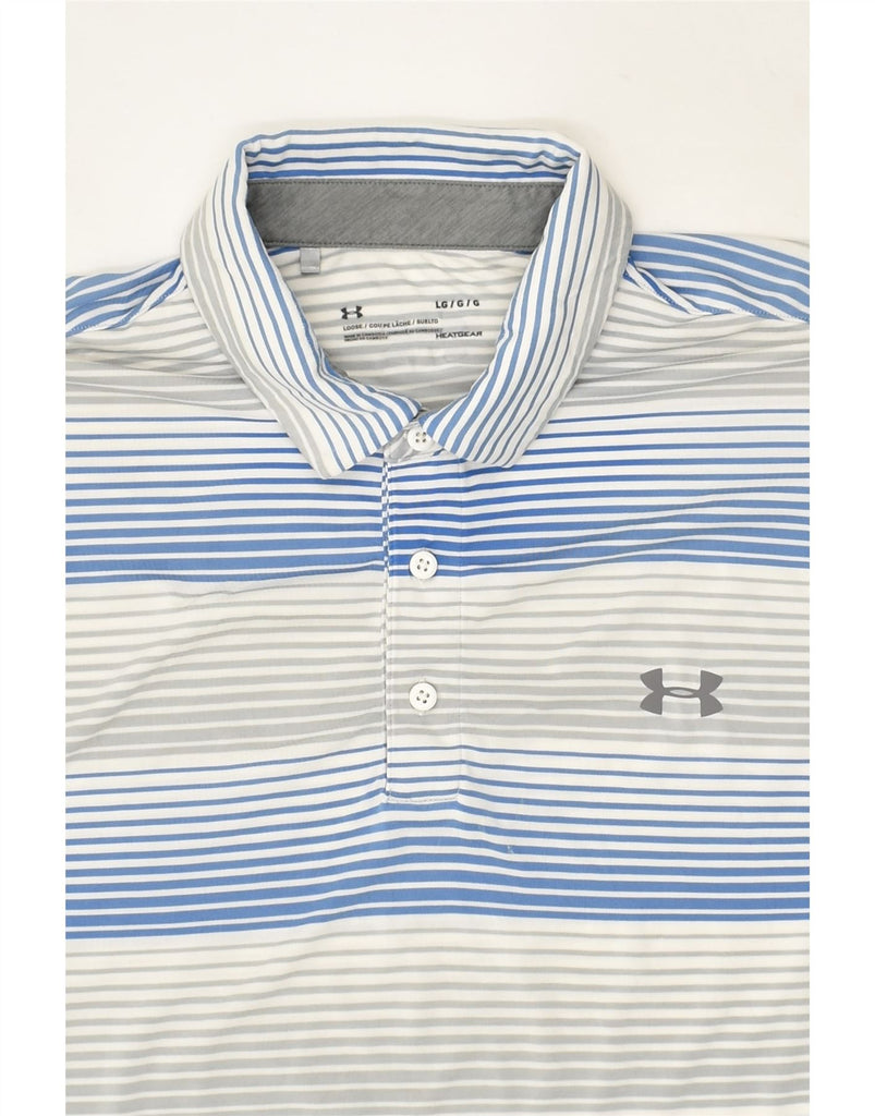 UNDER ARMOUR Mens Heat Gear Polo Shirt Large Blue Striped Polyester | Vintage Under Armour | Thrift | Second-Hand Under Armour | Used Clothing | Messina Hembry 
