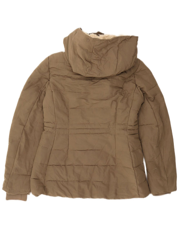 Zara Womens Hooded Sherpa Padded Jacket UK 10 Small Khaki Polyester