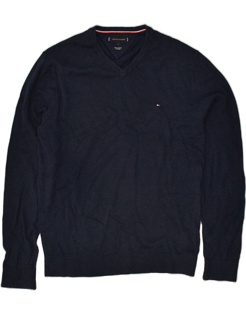 TOMMY HILFIGER Mens V-Neck Jumper Sweater Large Navy Blue Cotton | Vintage Tommy Hilfiger | Thrift | Second-Hand Tommy Hilfiger | Used Clothing | Messina Hembry 