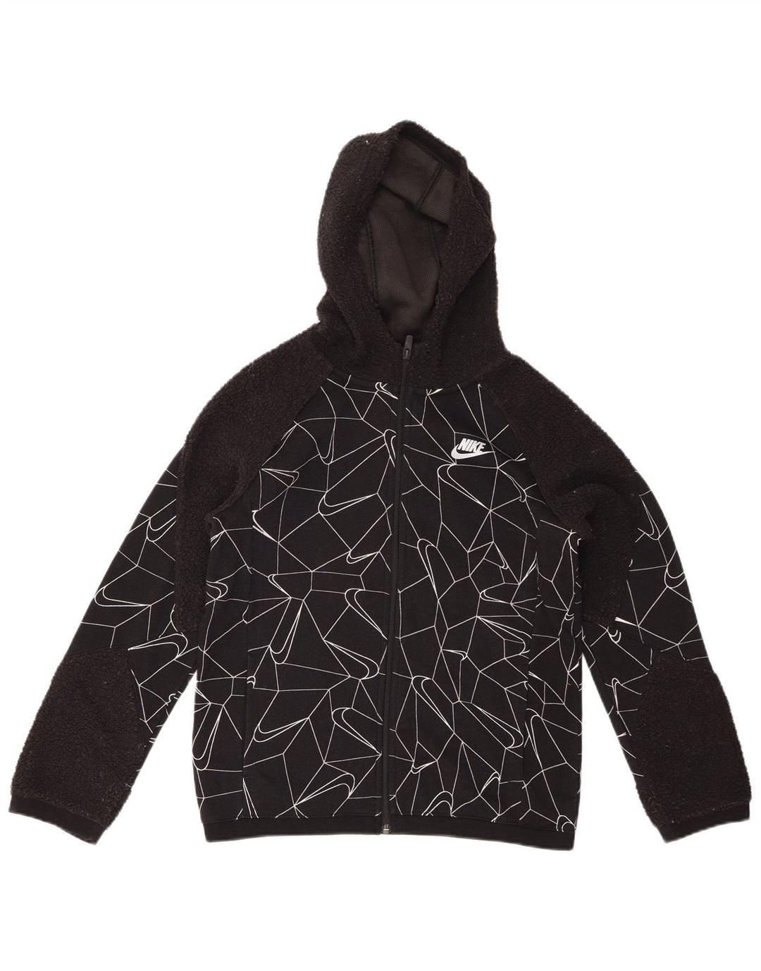 NIKE Boys Zip Hoodie Sweater 12-13 Years Large Black Geometric Cotton