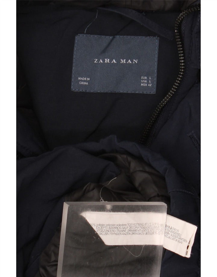 ZARA Mens Hooded Parka Jacket UK 40 Large Navy Blue Polyester