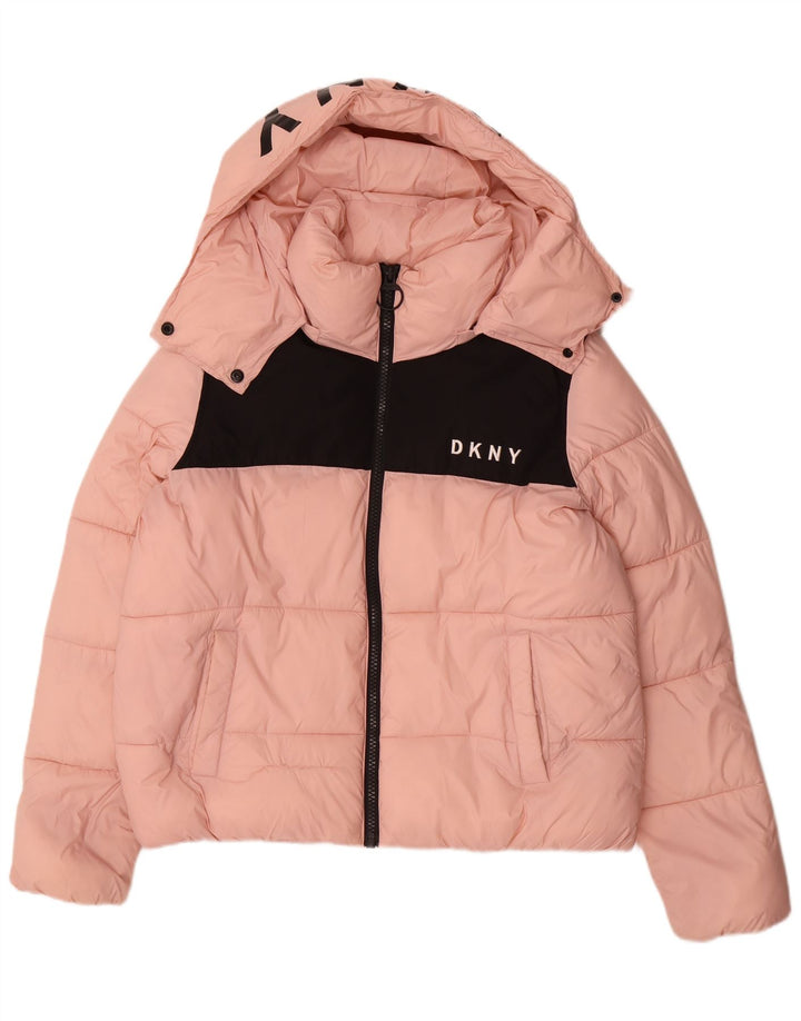 Dkny Womens Oversized Graphic Padded Jacket UK 16 Large Pink Colourblock
