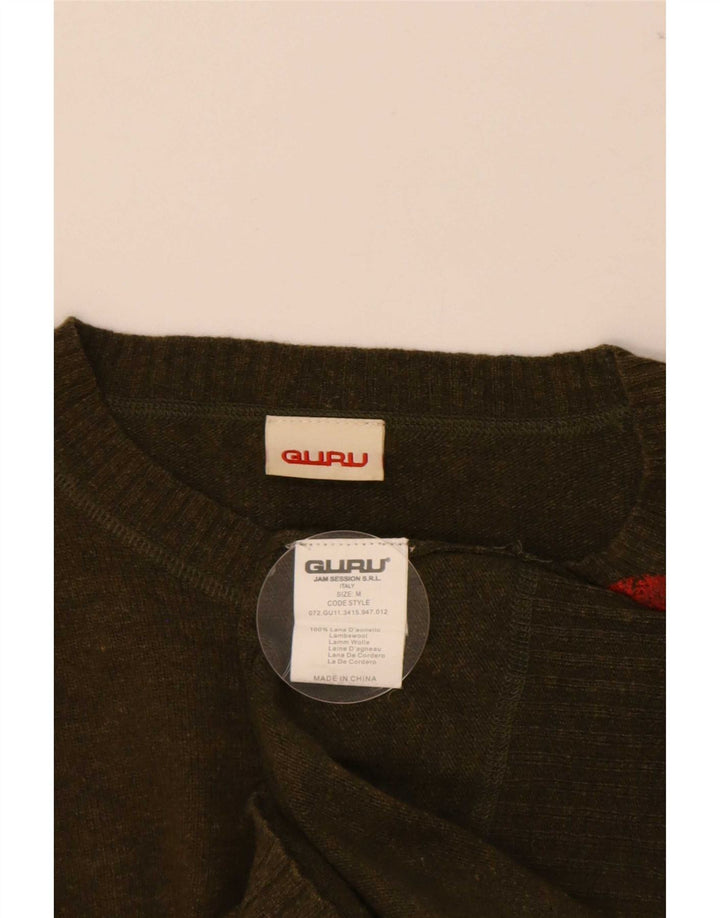 Guru Mens Graphic Crew Neck Jumper Sweater Medium Khaki Wool