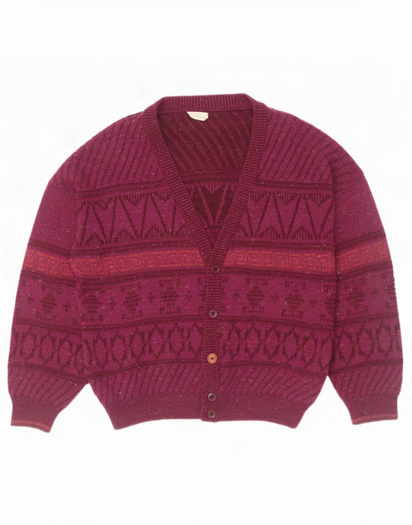 Vintage Mens Cardigan Sweater UK 46 XL Burgundy Geometric Wool