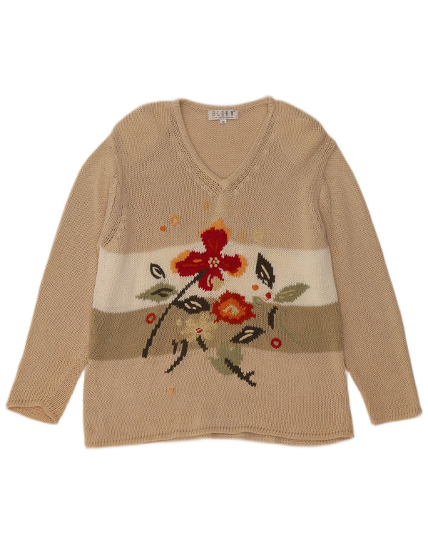 VINTAGE Womens Oversized V-Neck Jumper Sweater UK 14 Medium Beige Floral