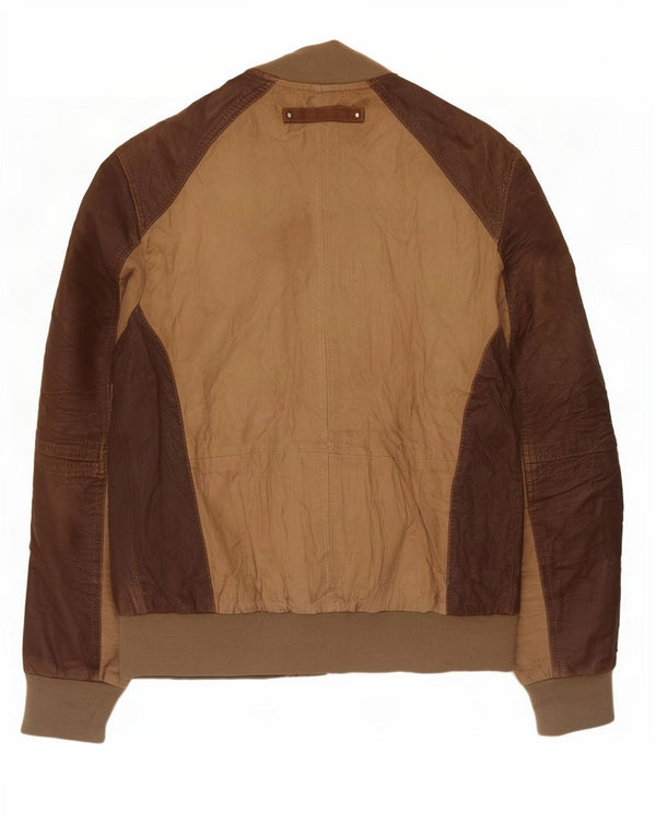 OVS Womens Leather Jacket IT 48 Medium Brown Colourblock