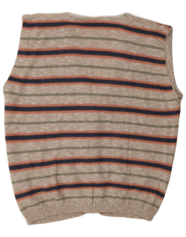 Vintage Mens Sleeveless Cardigan Sweater Large Beige Striped Cotton