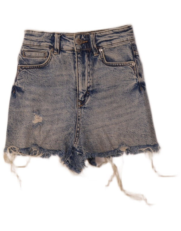 Zara Womens Distressed High Waist Denim Shorts EU 32 2XS W22 Blue Cotton