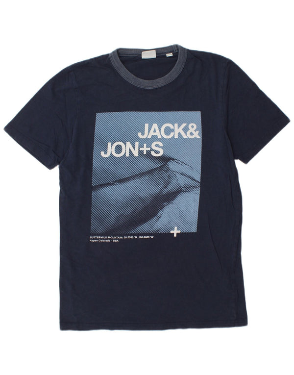 JACK & JONES Mens Graphic T-Shirt Top Medium Navy Blue Cotton