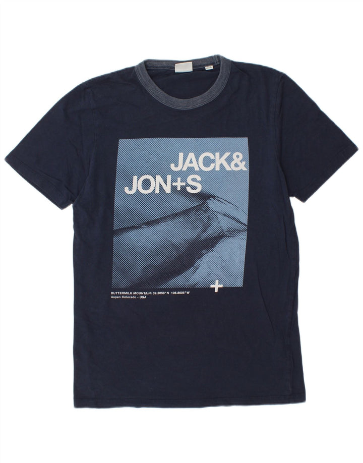 JACK & JONES Mens Graphic T-Shirt Top Medium Navy Blue Cotton