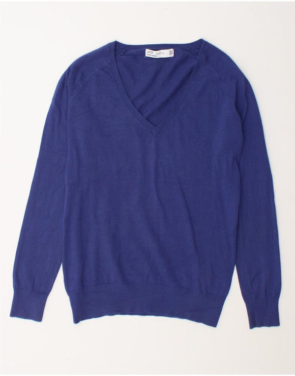 Zara Womens V-Neck Jumper Sweater UK 18 XL Blue Cotton