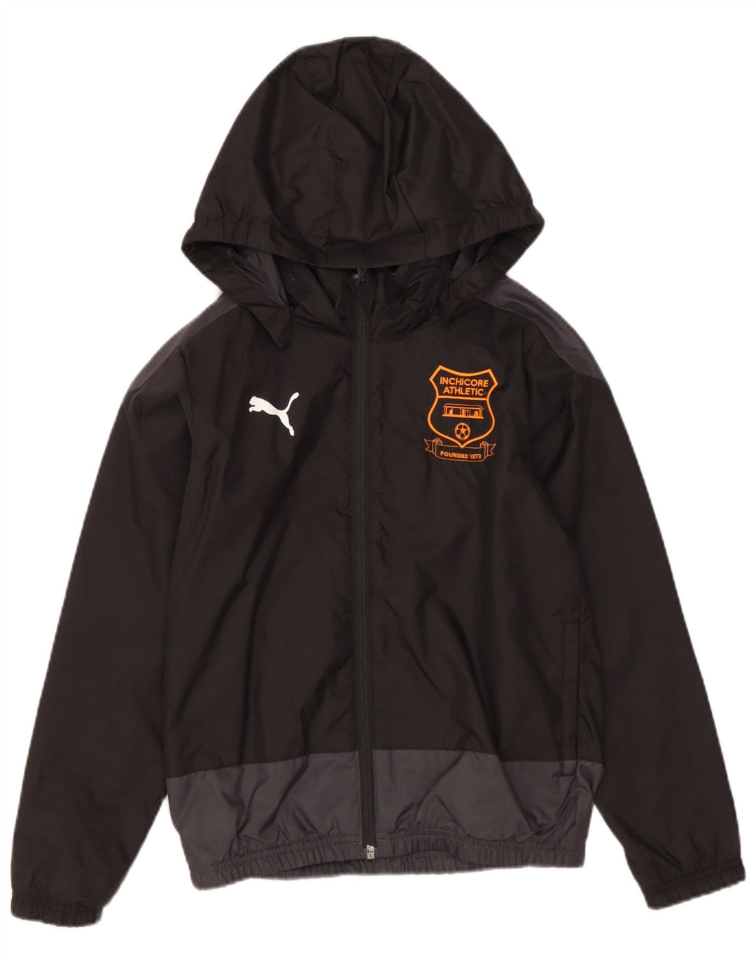 PUMA Girls Graphic Hooded Rain Jacket 7-8 Years Black Colourblock Nylon