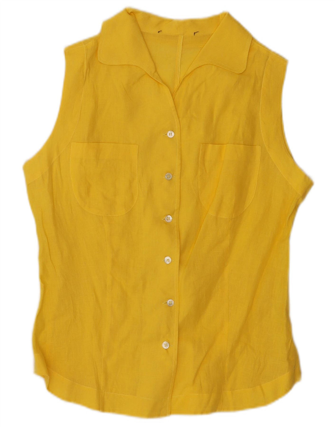 VINTAGE Womens Sleeveless Shirt Blouse UK 14 Medium Yellow Linen