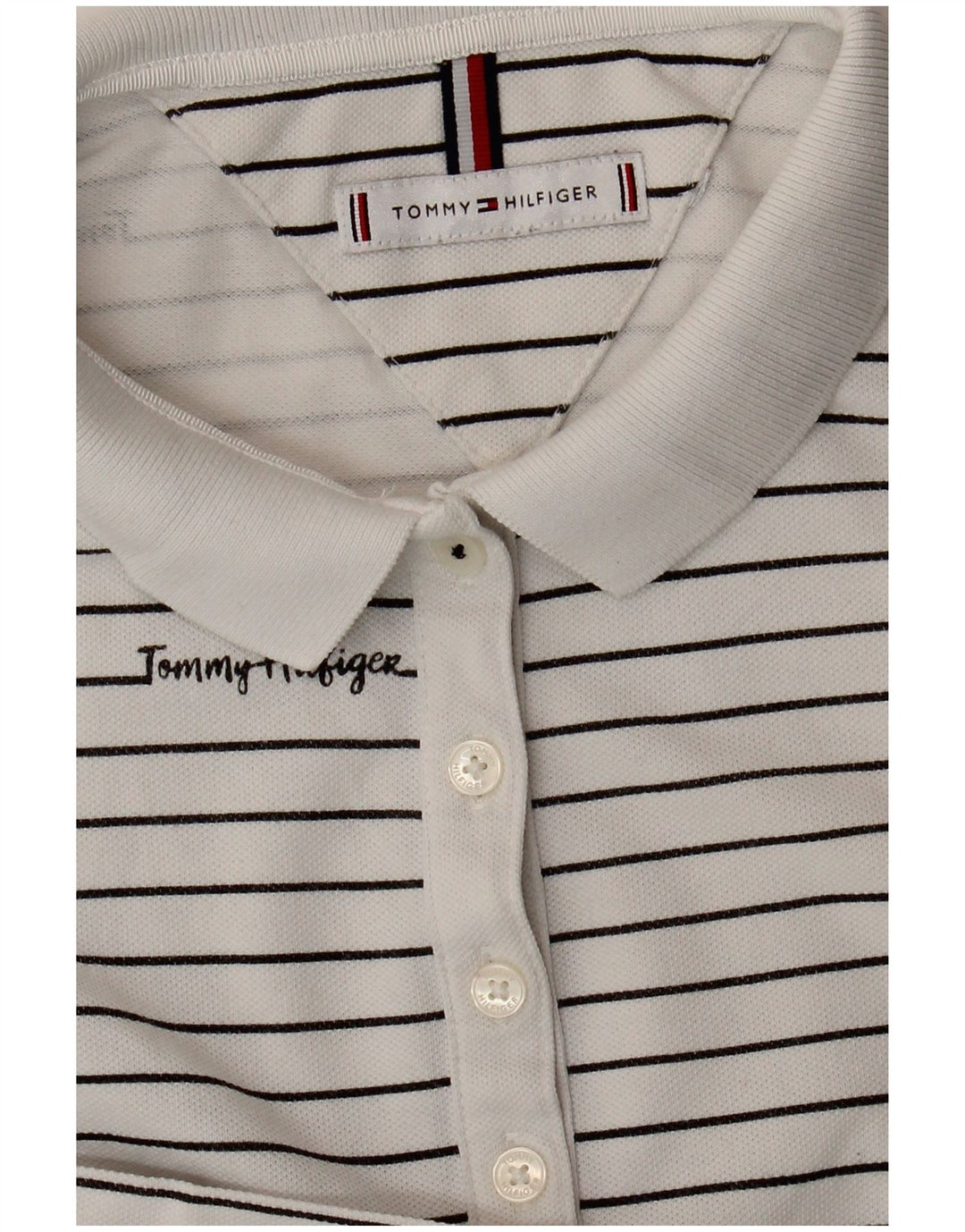 TOMMY HILFIGER Womens Graphic Polo Shirt UK 14 Medium White Striped