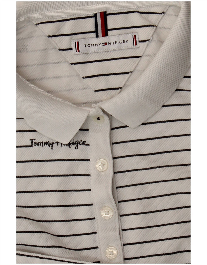 TOMMY HILFIGER Womens Graphic Polo Shirt UK 14 Medium White Striped