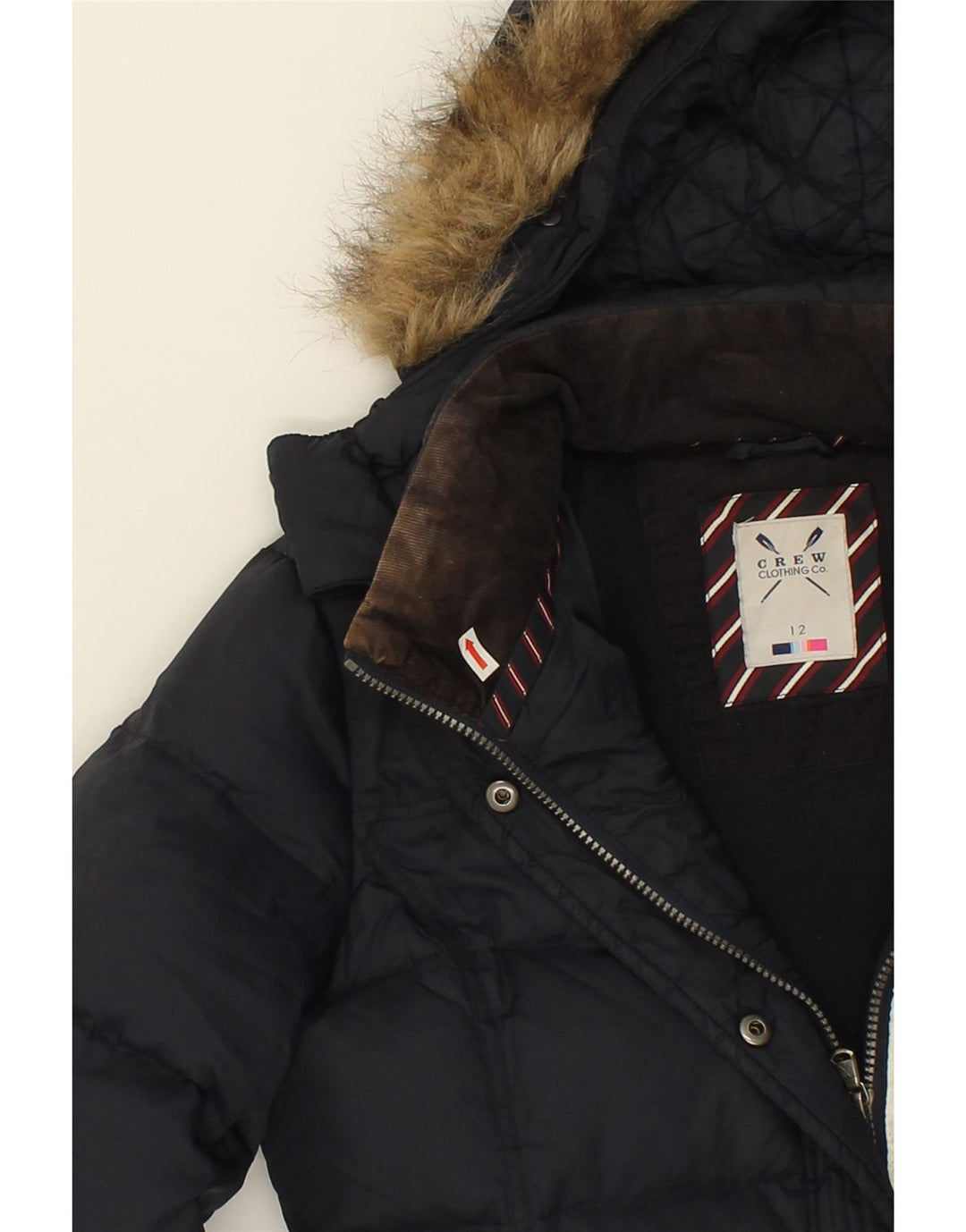 CREW CLOTHING Womens Hooded Padded Jacket UK 12 Medium Navy Blue Nylon Vintage Crew Clothing and Second-Hand Crew Clothing from Messina Hembry 
