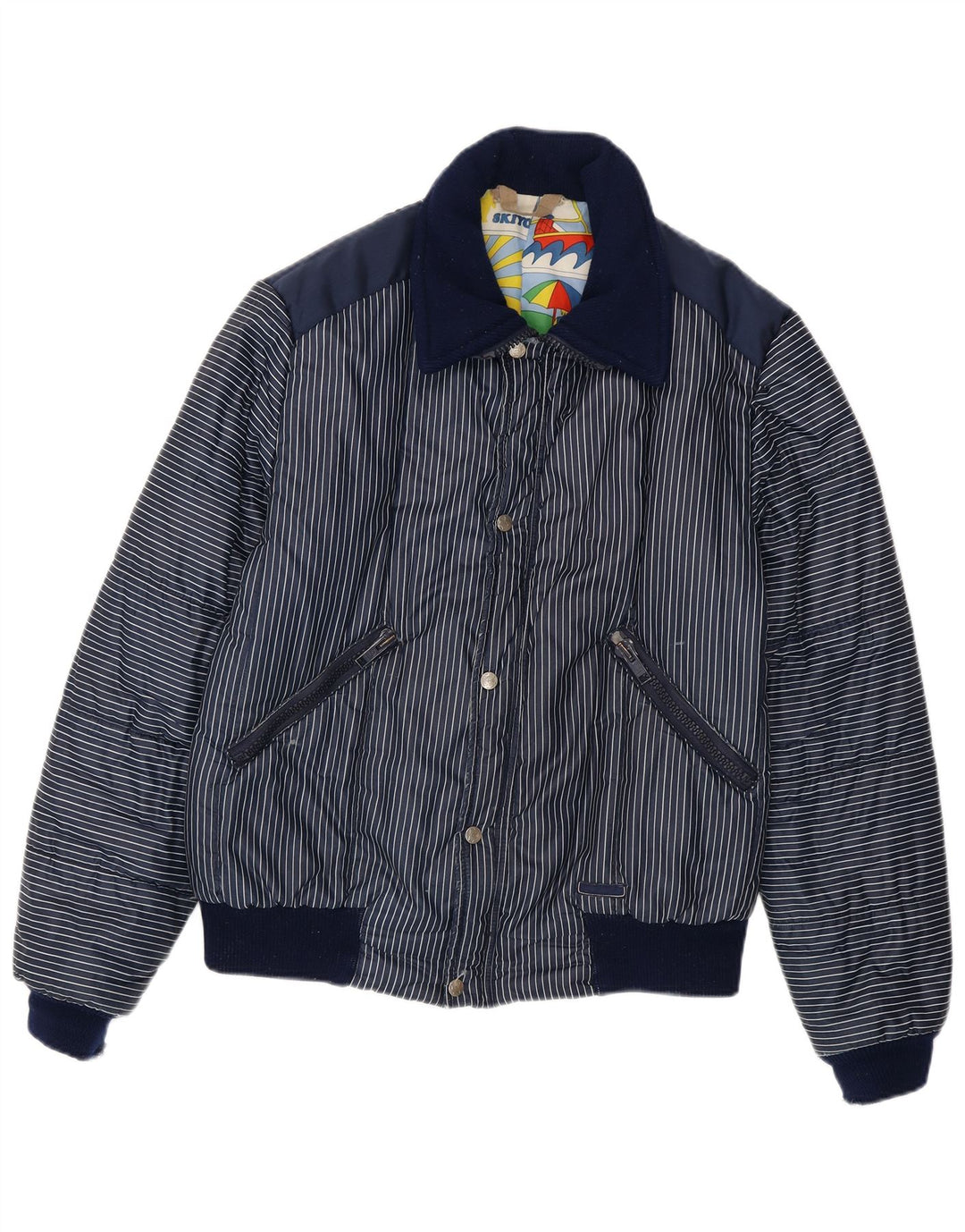 Vintage Mens Graphic Padded Jacket UK 40 Large Navy Blue Pinstripe