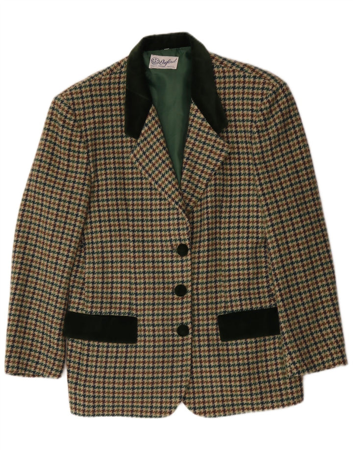 Oxford Womens 3 Button Blazer Jacket UK 14 Medium Green Houndstooth Wool