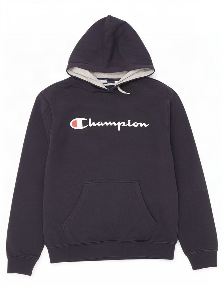 Champion Mens Graphic Hoodie Jumper Medium Navy Blue Cotton