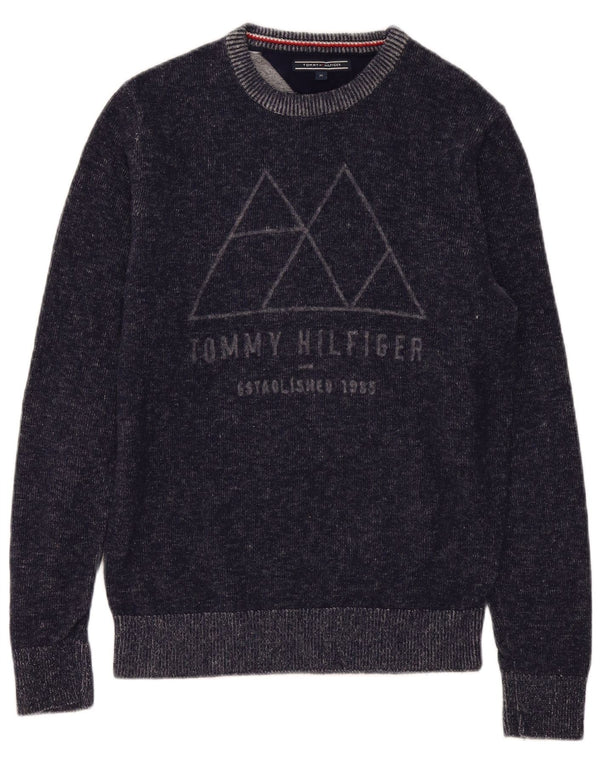 Tommy Hilfiger Mens Graphic Crew Neck Jumper Sweater Medium Navy Blue Wool